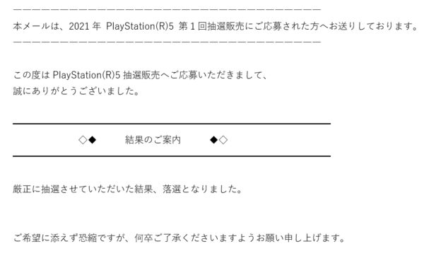 2021年 PlayStation 5 第1回抽選販売結果