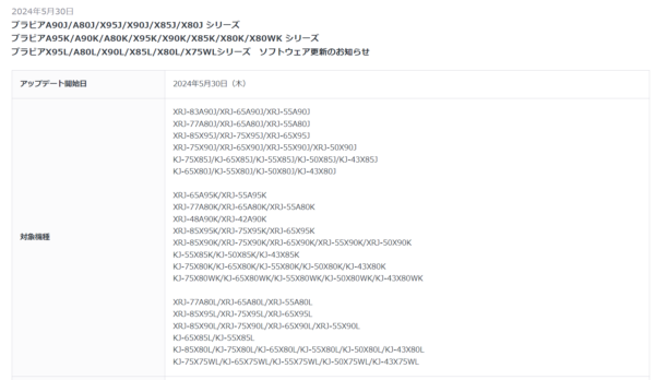 ブラビア 2023年、2022年、2021年モデルの合計73機種ソフトウェア更新のお知らせ
