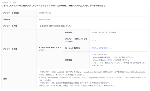 ヘッドホン『WF-1000XM5』ソフトウェアアップデート公開（Ver. 3.3.1）