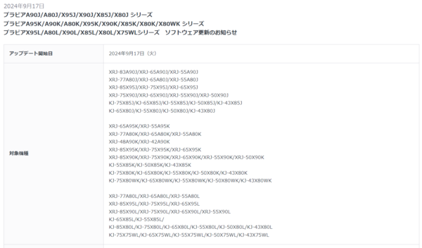 2023年、2022年、2021年モデルのブラビア合計73機種ソフトウェア更新のお知らせ