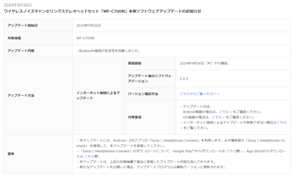 ワイヤレスノイズキャンセリングステレオヘッドセット「WF-C700N」本体ソフトウェアアップデート公開