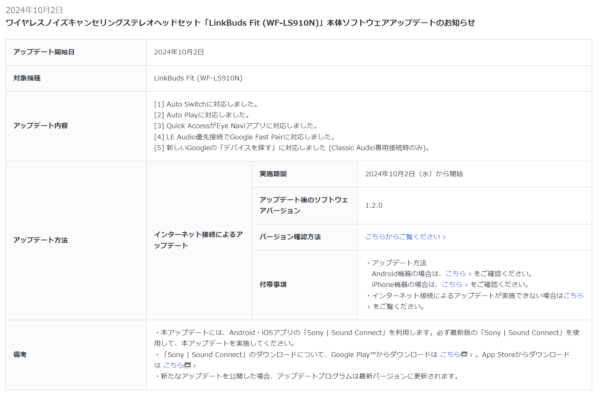 ヘッドホン「LinkBuds Fit 」「LinkBuds Open」「LinkBuds S」「WF-1000XM5」「WH-1000XM5」本体ソフトウェアアップデート公開