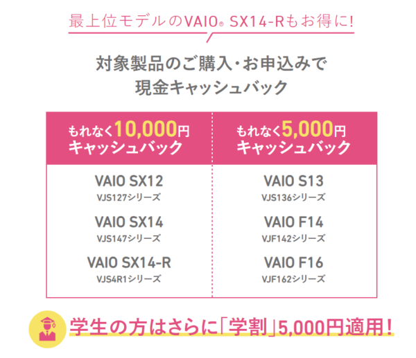 VAIO 新生活応援 キャッシュバック キャンペーン