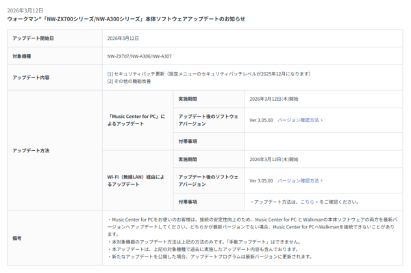 ウォークマン ソフトウェアアップデート 2026