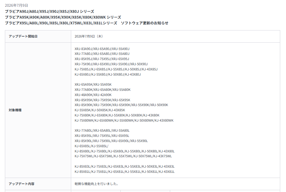 ブラビアのアップデート