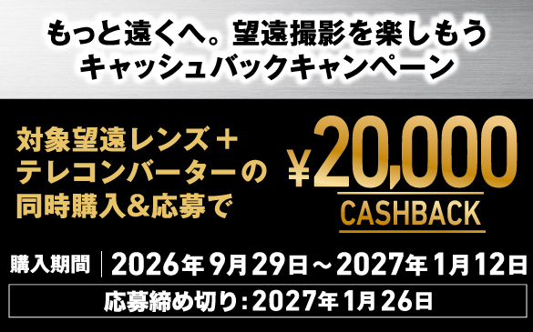 望遠レンズのキャッシュバックも開催中
