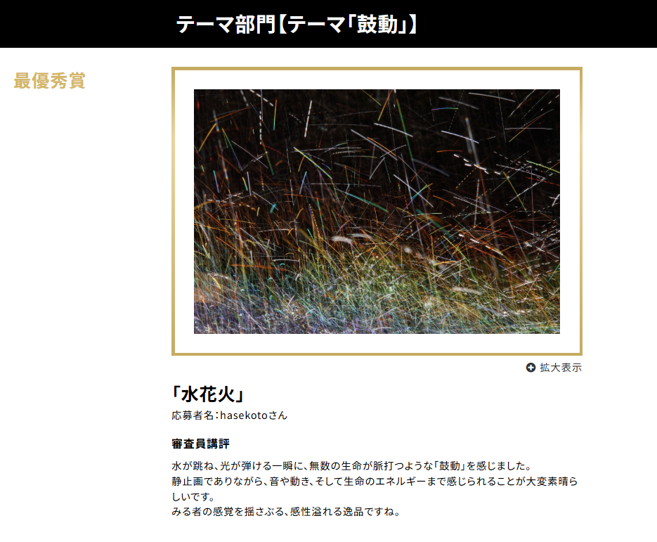 テーマ部門「鼓動」最優秀賞は「水花火」