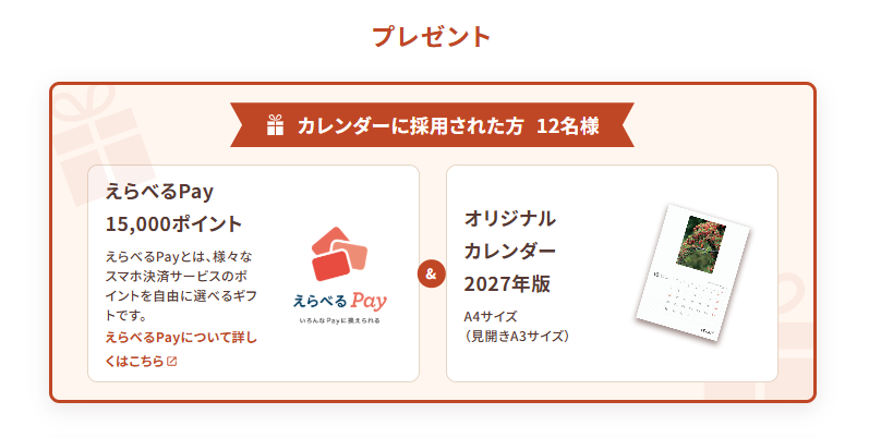 カレンダー採用12名には「えらべるPay」15,000ポイント